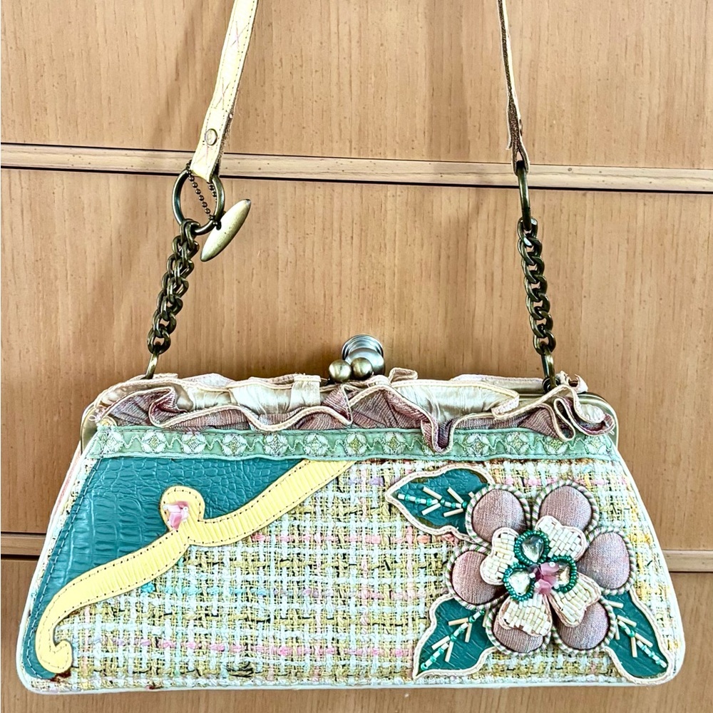 Vintage Mary Frances Green, Cream Floral Tweed Shoulder Bag. Beautiful beading.